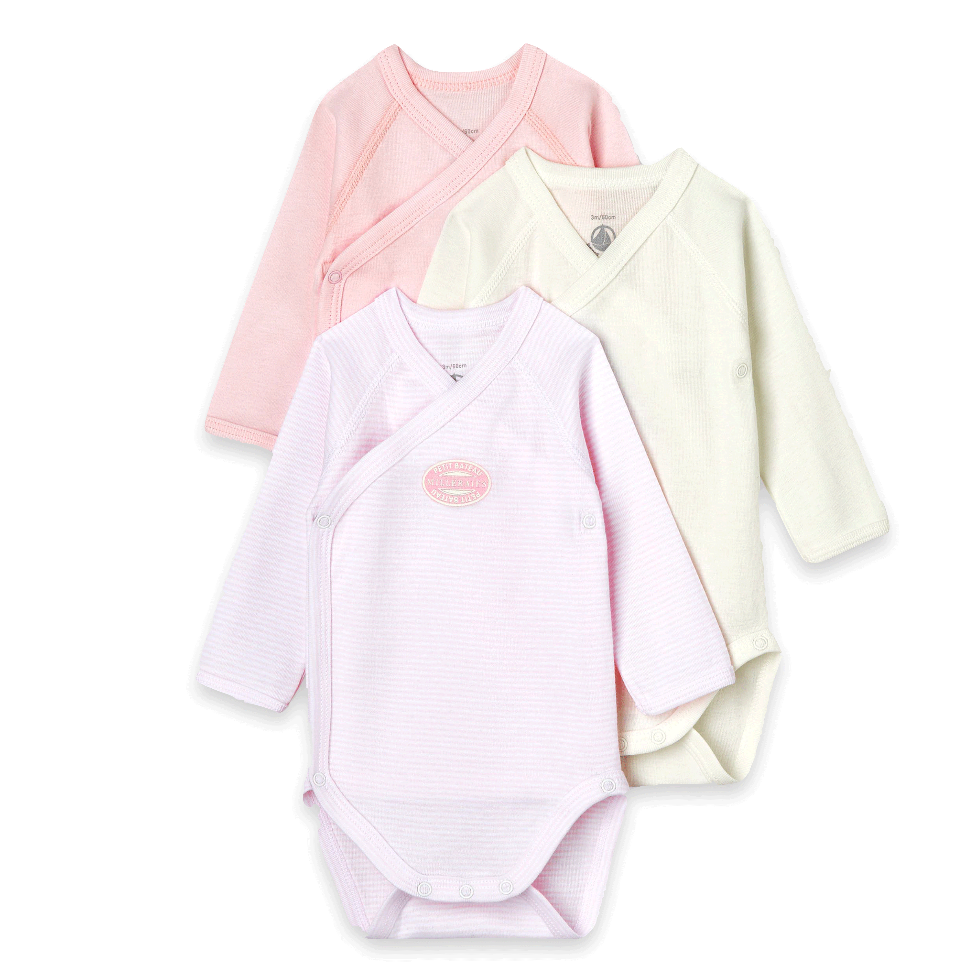 Petit Bateau set of 3 organic kimono onesies in pink at Bonjour Baby Baskets