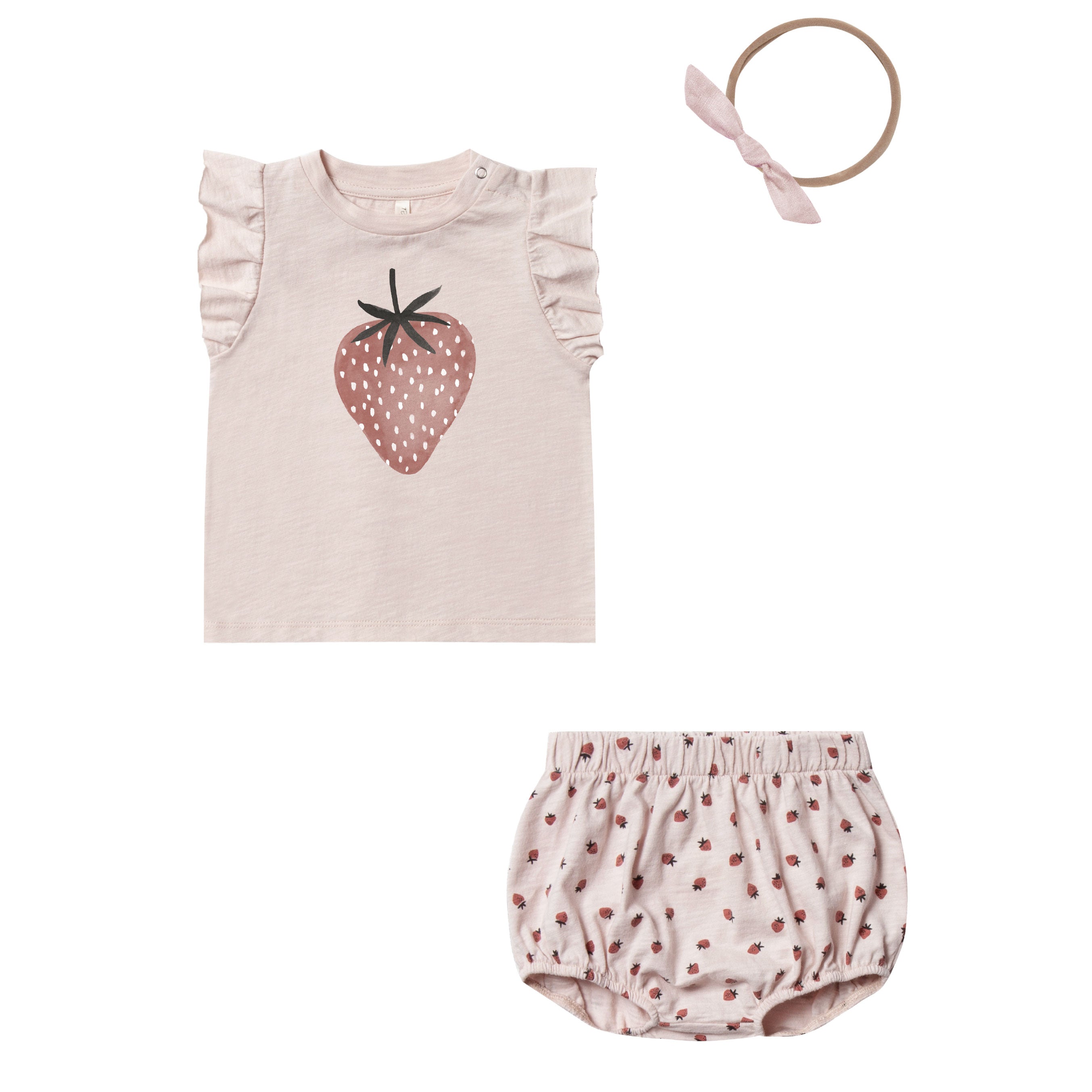 Rylee and Cru Baby Girl top, bloomer and headband with strawberry print, perfect addition to your BYOB (Build Your Own Basket) 
