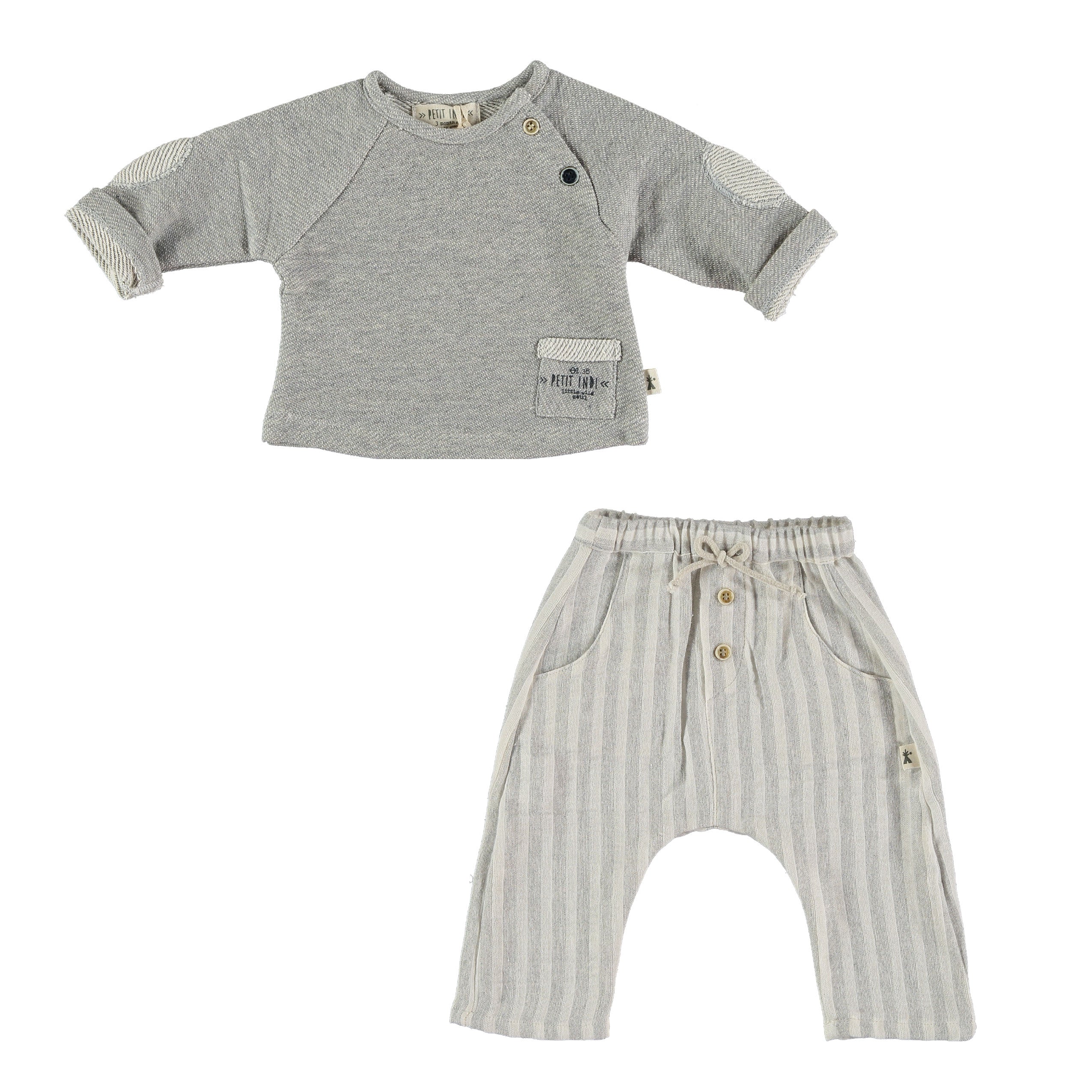 Baby Sweater with elbow patches and slouchy pants set by Petit Indi at Bonjour Baby Baskets, great addition to your BYOB (Build Your Own Basket) 