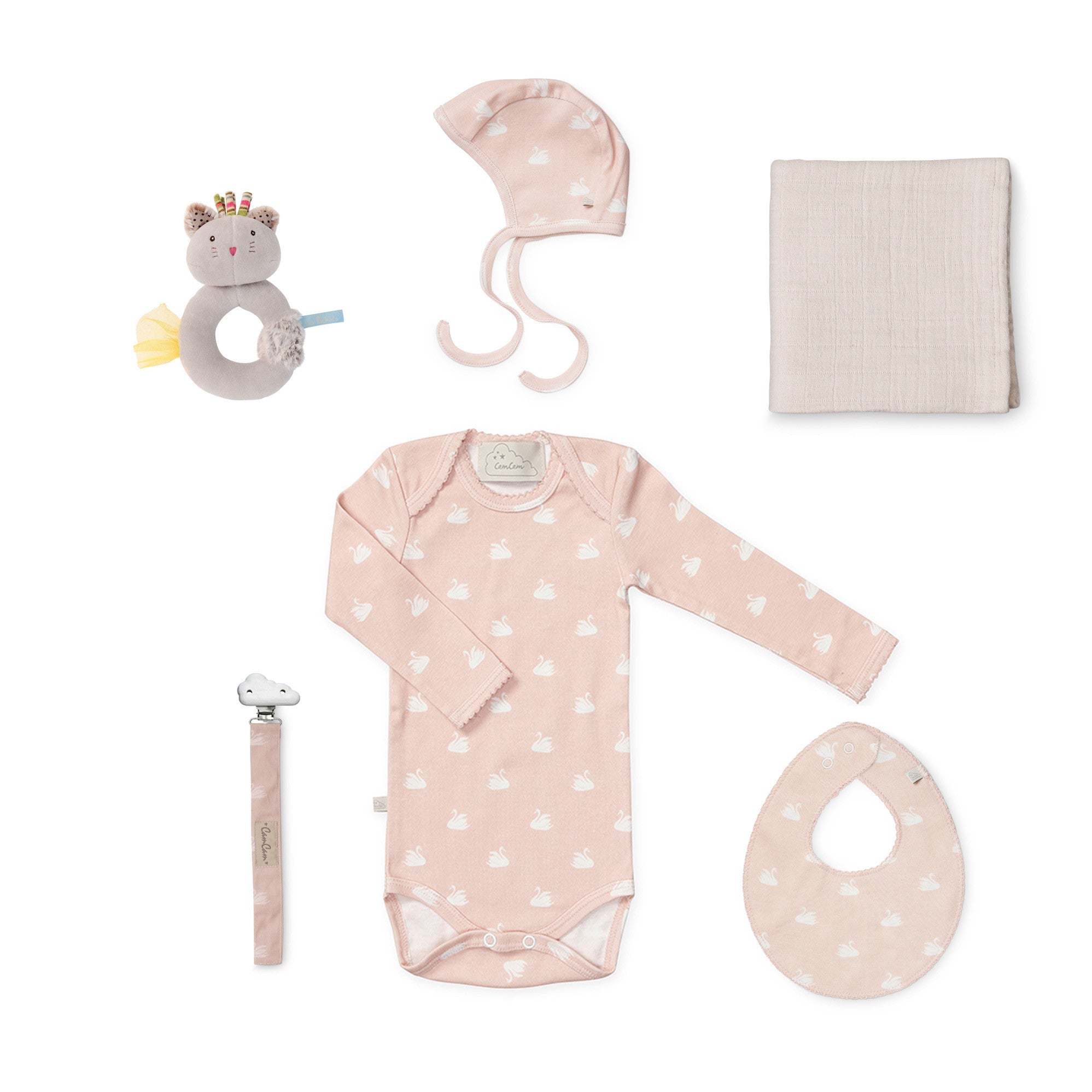 Copy of Cam Cam set of blanket/onesie, bonnet, bib and pacifier holder  - PINK